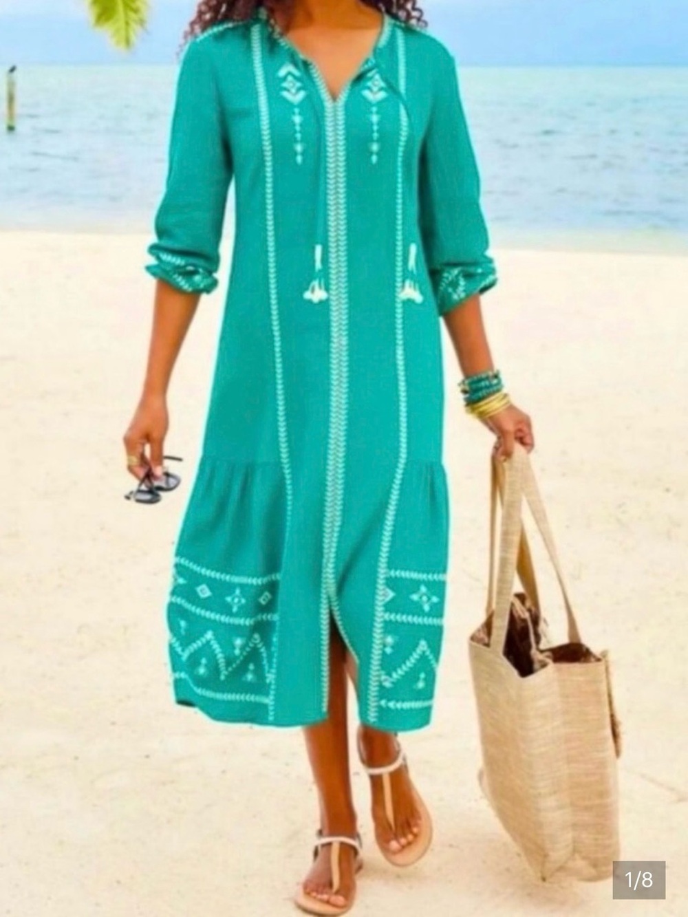 Soft Surroundings Jolie Cotton Embroidered Teal & White Midi Dress, Size L, EUC